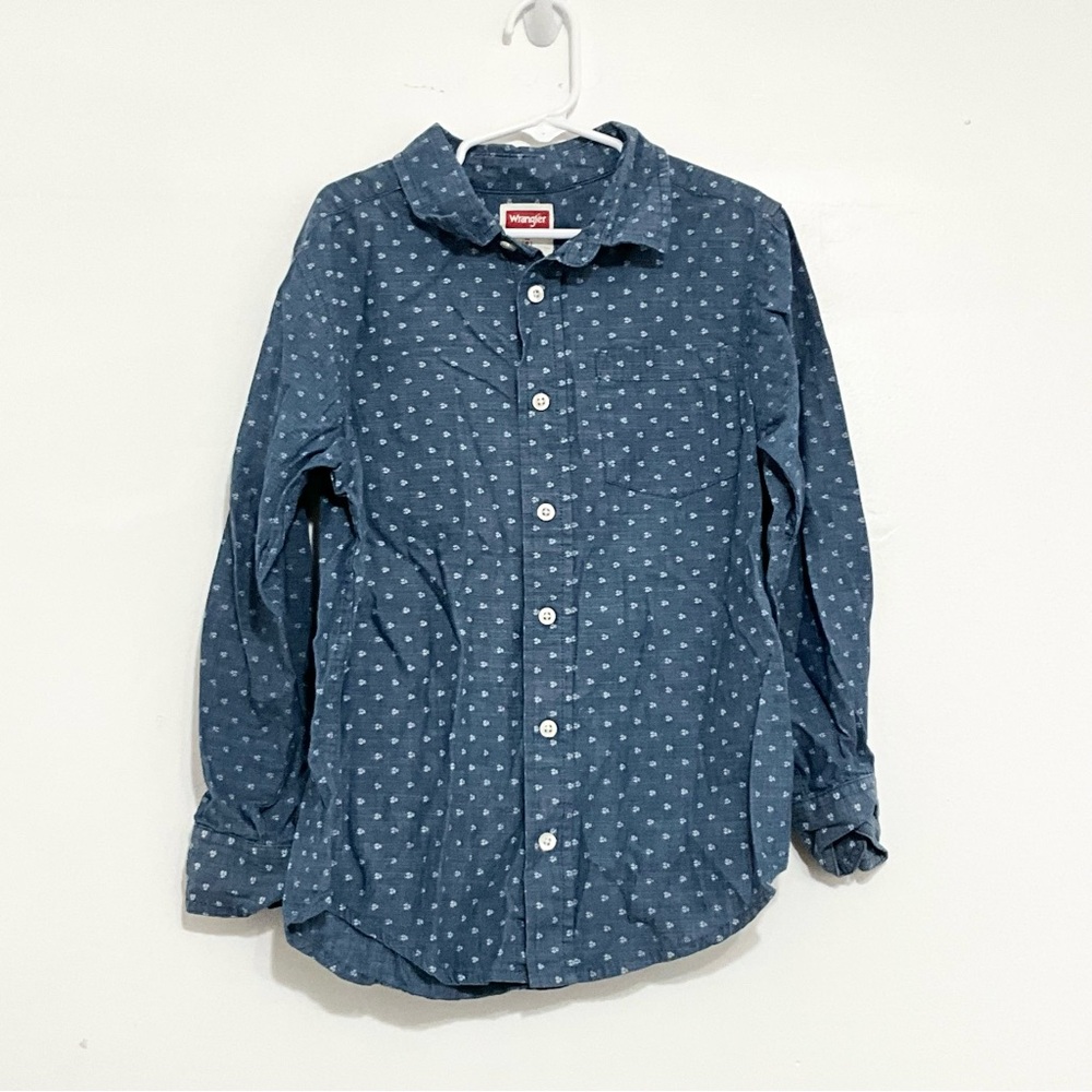 WRANGLER Boys Button Down 100% Cotton Blue Print Long Sleeve Shirt Medium (8)